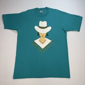 VTG Fruit Of The Loom Single Stitch T-Shirt Men's XL Teal Country Charm *HOLE*